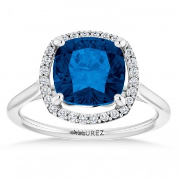 Cushion Lab Grown Blue Sapphire & Diamond Halo Ring 14K White Gold (3.44ct)