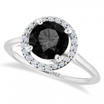 Round Onyx & Diamond Halo Ring 14K White Gold (1.82ct)