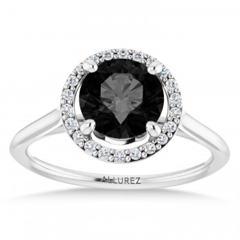 Round Onyx & Diamond Halo Ring 14K White Gold (1.82ct)