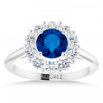 Round Blue Sapphire & Diamond Halo Ring 14K White Gold (1.49ct)