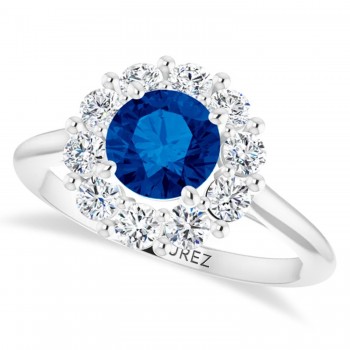 Round Lab Grown Blue Sapphire & Diamond Halo Ring 14K White Gold (1.71ct)