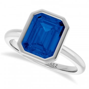Emerald Cut Lab Grown Blue Sapphire Fashion Ring 14K White Gold (3.00ct)