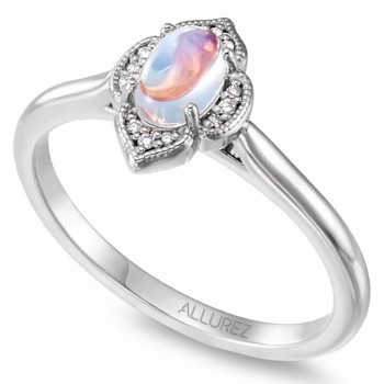 Natural Rainbow Moonstone & Diamond Clover Ring 14K White Gold (0.49ct)