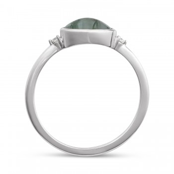 Oval Natural Cabochon Moss Agate & Diamond Ring 14K White Gold (0.93ct)