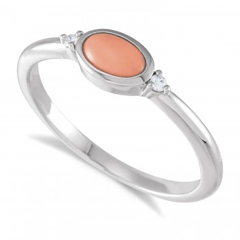 Oval Natural Cabochon Pink Coral & Diamond Ring 14K White Gold (0.53ct)