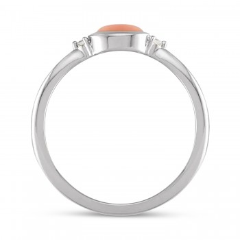 Oval Natural Cabochon Pink Coral & Diamond Ring 14K White Gold (0.53ct)