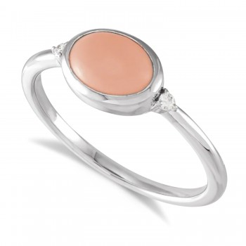 Oval Natural Cabochon Pink Coral & Diamond Ring 14K White Gold (1.13ct)