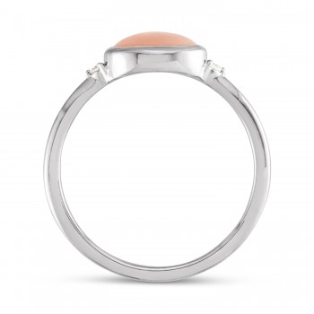 Oval Natural Cabochon Pink Coral & Diamond Ring 14K White Gold (1.13ct)