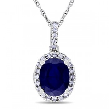 Blue Sapphire & Halo Diamond Pendant Necklace in 14k White Gold 2.90ct Blue Sapphire & Halo Diamond Pendant Necklace in 14k White Gold 2.90ct