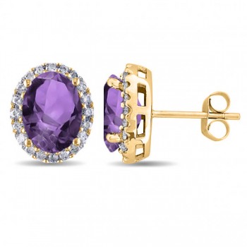 Oval Amethyst & Halo Diamond Stud Earrings 14k Yellow Gold 3.92ct