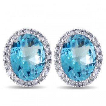 Oval Blue Topaz & Halo Diamond Stud Earrings 14k White Gold 5.40ct