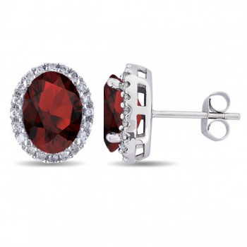 Oval Lab Garnet & Halo Lab Grown Diamond Stud Earrings 14k White Gold 4.60ct
