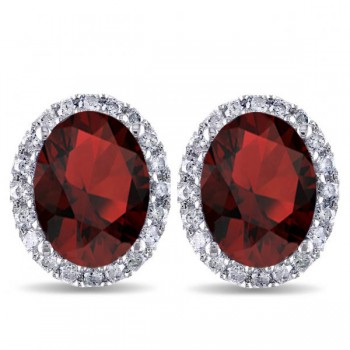 Oval Lab Garnet & Halo Lab Grown Diamond Stud Earrings 14k White Gold 4.60ct