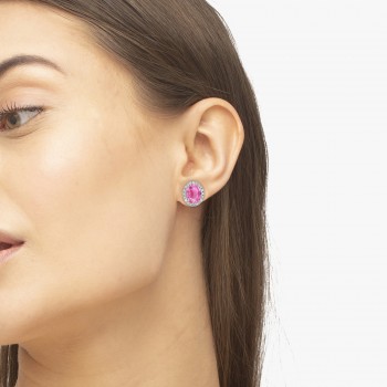 Oval Lab Pink Sapphire & Halo Lab Grown Diamond Stud Earrings 14k White Gold 4.80ct