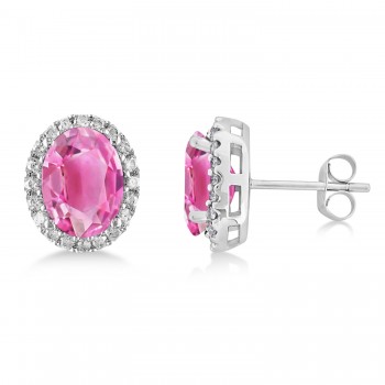 Oval Lab Pink Tourmaline & Halo Lab Grown Diamond Stud Earrings 14k White Gold 5.00ct