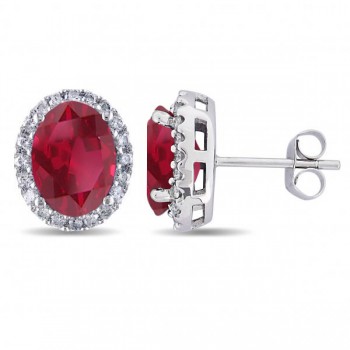 Oval Lab Ruby & Halo Lab Grown Diamond Stud Earrings 14k White Gold 4.80ct