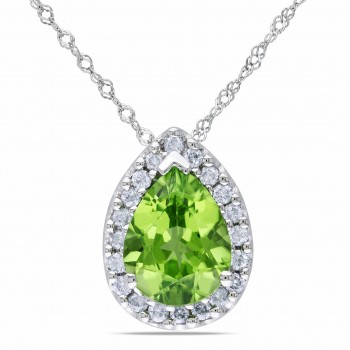 Diamond & Pear Peridot Halo Pendant Necklace 14k White Gold (1.84ct)