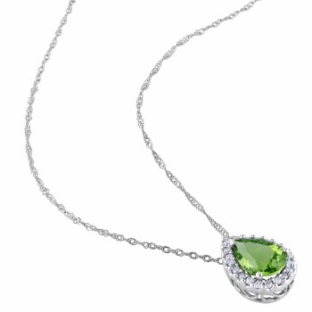 Diamond & Pear Peridot Halo Pendant Necklace 14k White Gold (1.84ct)
