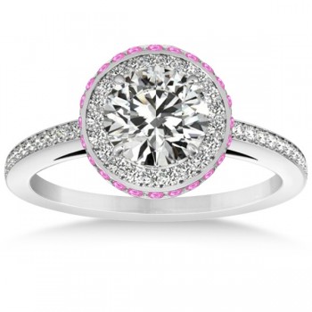 Diamond Halo Engagement Ring Pink Sapphire Accents 14k W. Gold 0.50ct