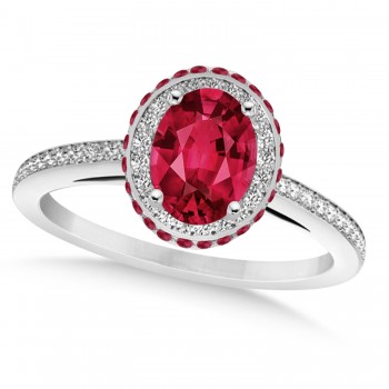 Oval Lab Ruby & Diamond Halo Engagement Ring 14k White Gold (2.00ct)