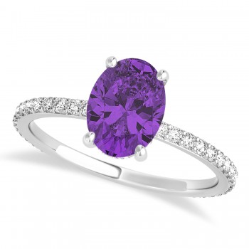 Oval Amethyst & Diamond Hidden Halo Engagement Ring 14k White Gold (0.76ct)