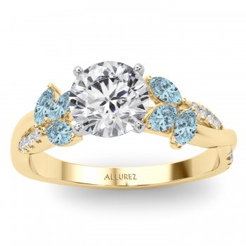 Lab Grown Diamond & Lab Aquamarine Marquise Leaf Engagement Ring 18K Yellow Gold (0.38ct)