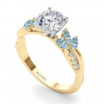 Lab Grown Diamond & Lab Aquamarine Marquise Leaf Engagement Ring 18K Yellow Gold (0.38ct)