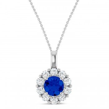 Round Lab Grown Blue Sapphire & Diamond Halo Pendant 14K White Gold (1.71ct)