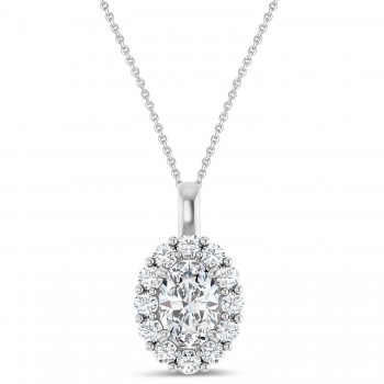 Oval Lab Grown Diamond Halo Pendant 14K White Gold (1.17ct)
