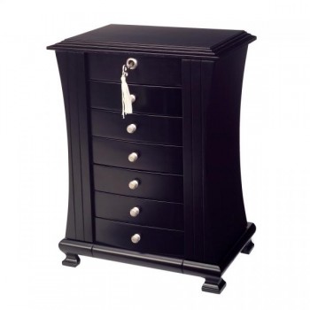 Java Finish Upright Wooden Jewelry Box. Drawers, Mirror, Locking Top