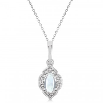 Natural Rainbow Moonstone & Diamond Clover Pendant 14K White Gold (0.27ct)