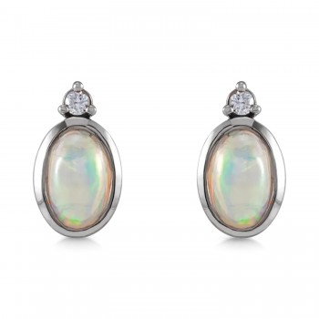 Oval Natural Cabochon Ethiopian Opal & Diamond Stud Earrings 14K White Gold (0.84ct)