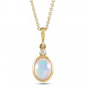 Oval Natural White Ethiopian Opal & Diamond Pendant Necklace 14K Yellow Gold (0.33ct)