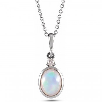 Oval Natural White Ethiopian Opal & Diamond Pendant Necklace 14K White Gold (0.33ct)