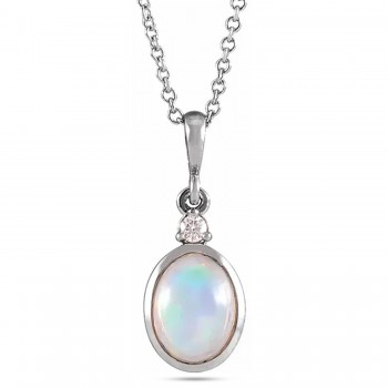 Oval Natural White Ethiopian Opal & Diamond Pendant Necklace 14K White Gold (1.57ct)