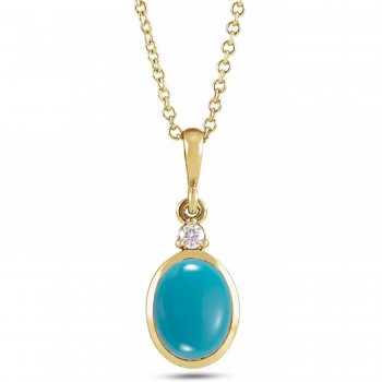 Oval Natural Turquoise & Diamond Pendant Necklace 14K Yellow Gold (0.41ct)