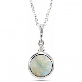 Round Natural White Opal & Diamond Pendant Necklace 14K White Gold (1.11ct)
