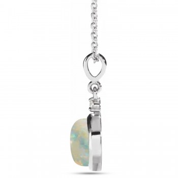 Round Natural White Opal & Diamond Pendant Necklace 14K White Gold (1.11ct)