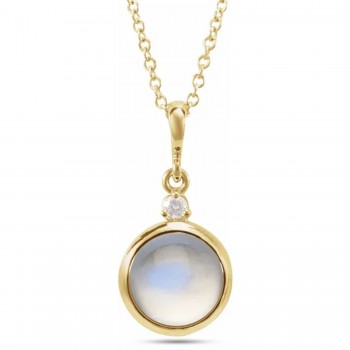 Round Natural Rainbow Moonstone & Diamond Pendant Necklace 14K Yellow Gold (2.53ct)