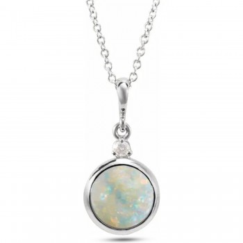 Round Natural White Opal & Diamond Pendant Necklace 14K White Gold (0.57ct)