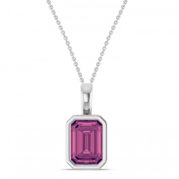 Emerald Cut Pink Tourmaline Bezel Set Pendant Necklace 14K White Gold (1.03ct)