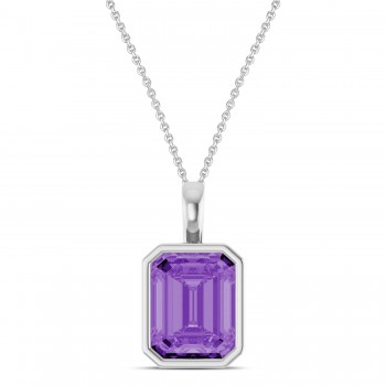 Emerald Cut Lab Grown Purple Sapphire Bezel Set Pendant Necklace 14K White Gold (4.48ct)