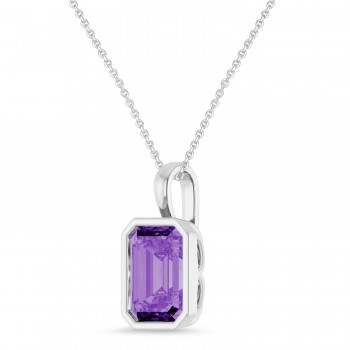Emerald Cut Lab Grown Purple Sapphire Bezel Set Pendant Necklace 14K White Gold (4.48ct)