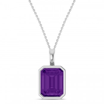 Emerald Cut Amethyst Bezel Set Pendant Necklace 14K White Gold (3.12ct)