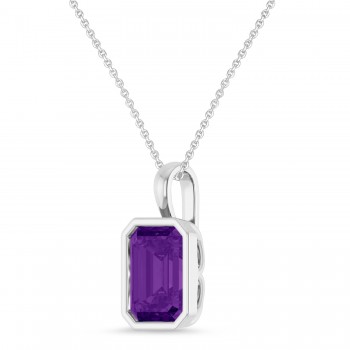 Emerald Cut Amethyst Bezel Set Pendant Necklace 14K White Gold (3.12ct)