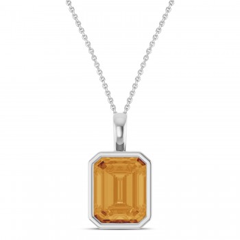 Emerald Cut Citrine Bezel Set Pendant Necklace 14K White Gold (3.10ct)