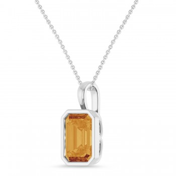 Emerald Cut Citrine Bezel Set Pendant Necklace 14K White Gold (3.10ct)
