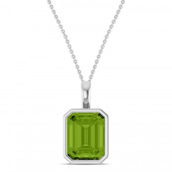 Emerald Cut Peridot Bezel Set Pendant Necklace 14K White Gold (3.63ct)