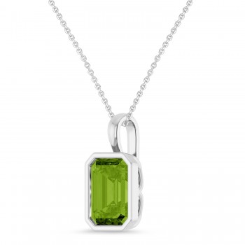 Emerald Cut Peridot Bezel Set Pendant Necklace 14K White Gold (3.63ct)