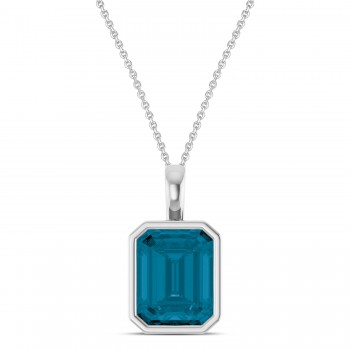Emerald Cut London Blue Topaz Bezel Set Pendant Necklace 14K White Gold (4.03ct)